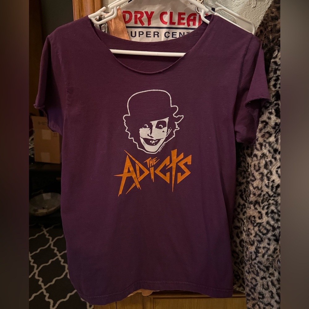 The adicts band tee eggplant purple with bright orange logo size sm/md EUC